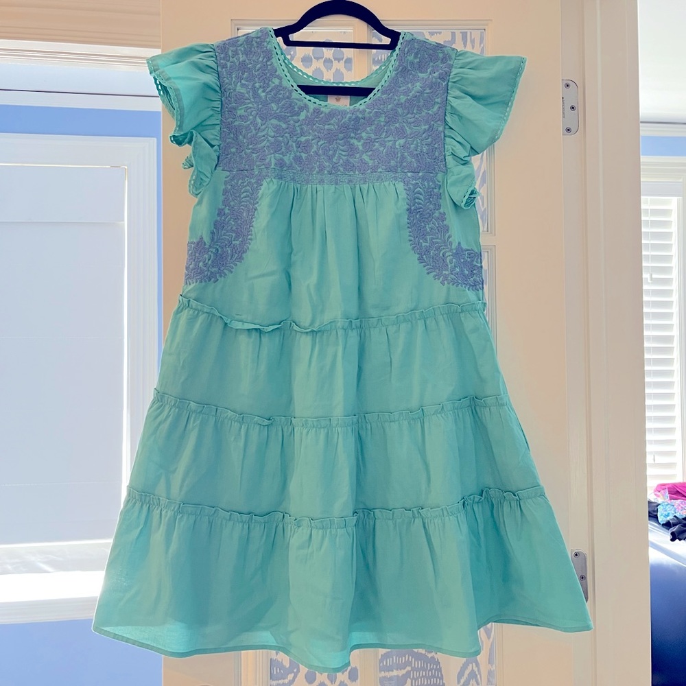 J MARIE NWOT aqua tiered dress with blue embroidery XS